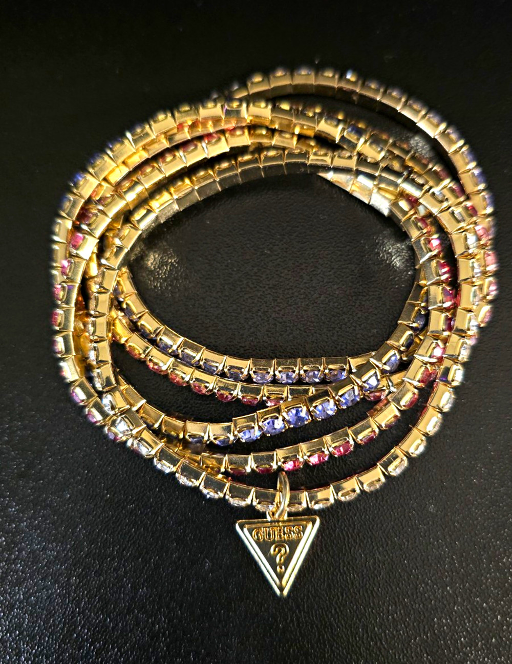GUESS Gold Tone Multicolor Square Rhinestone Tennis Bracelet Set Signed Charm